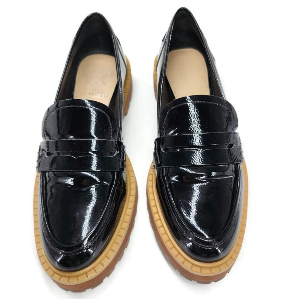 Vince Camuto McKella Black Patent Leather Chunky Lug-Sole Penny Loafers - Picture 3 of 10